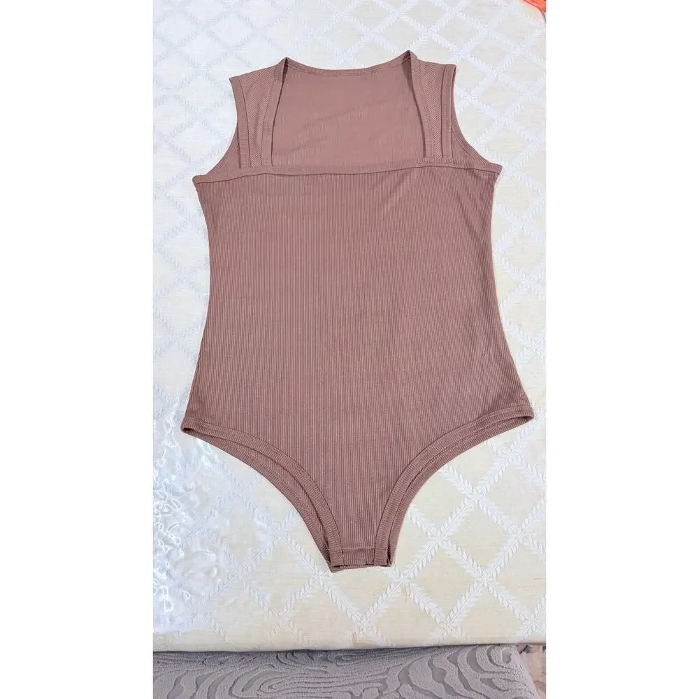 Bundle of 3 Ribbed Square-Neck Bodysuits (Nude, Mocha & Black) - Size XXL